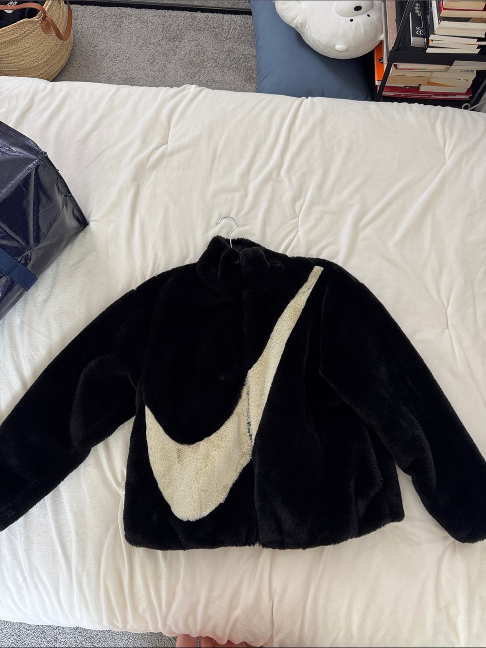 Nike Black Teddy Jacket with Cream Swoosh, soft, small